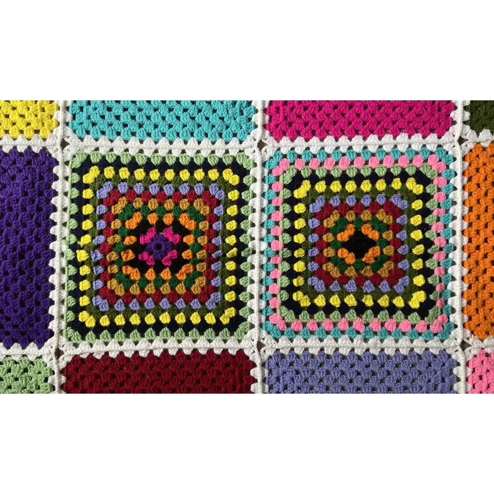 Vtg Crochet Granny Square Roseanne Blanket MultiColored Afghan Throw 66